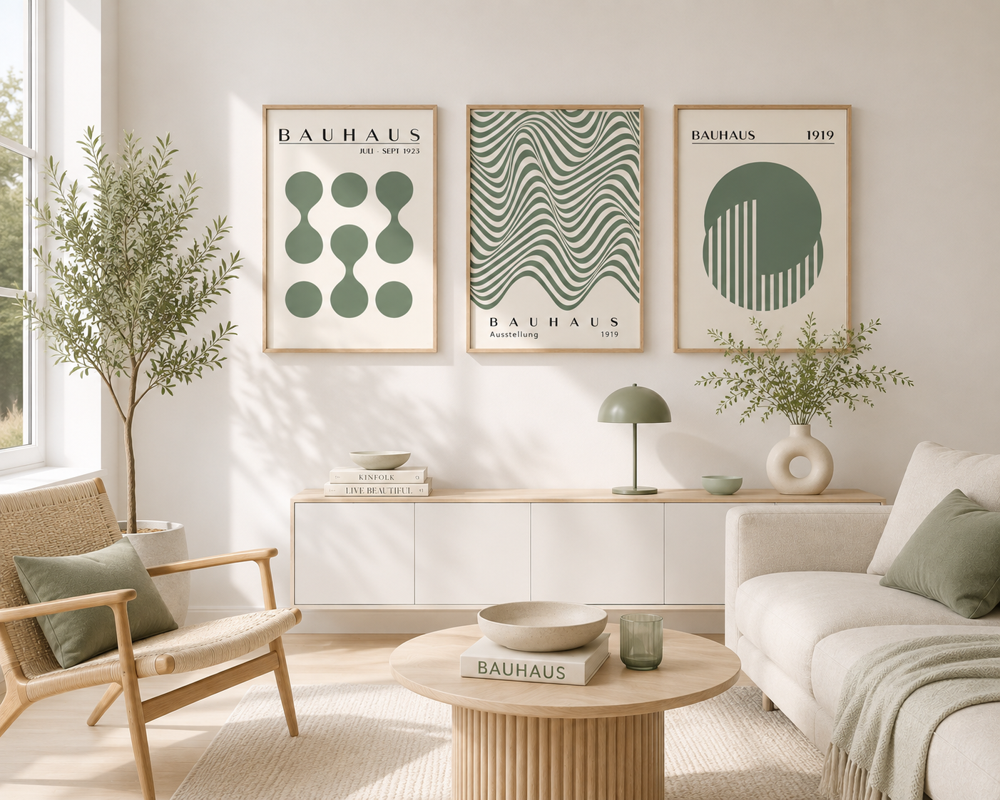 Sage green Bauhaus gallery wall set of three abstract geometric and optical art prints