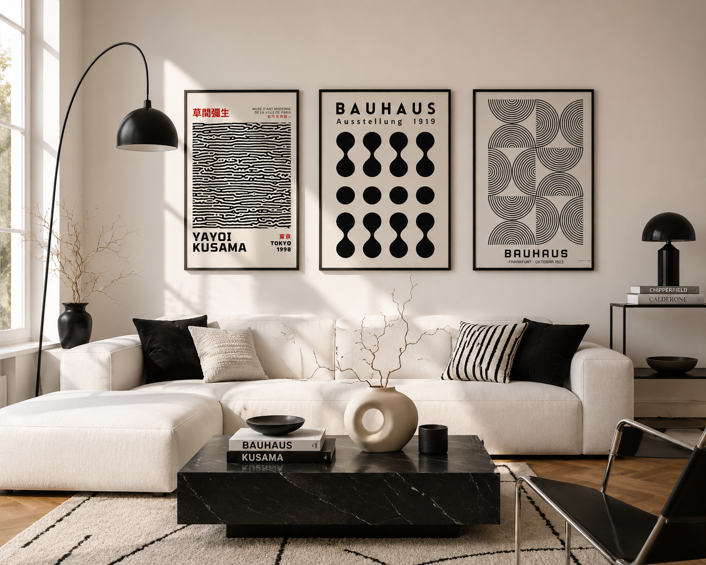 Three framed Bauhaus-style art prints with black and white geometric designs hang on a light beige wall above a white sectional sofa in a modern living room setting.