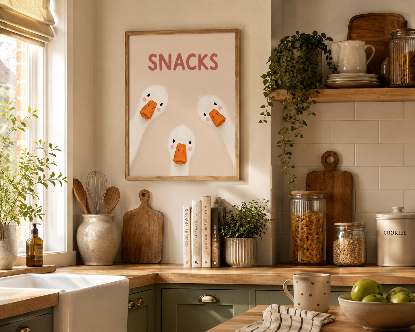 SNACKS funny goose kitchen wall art in light oak frame on neutral wall
