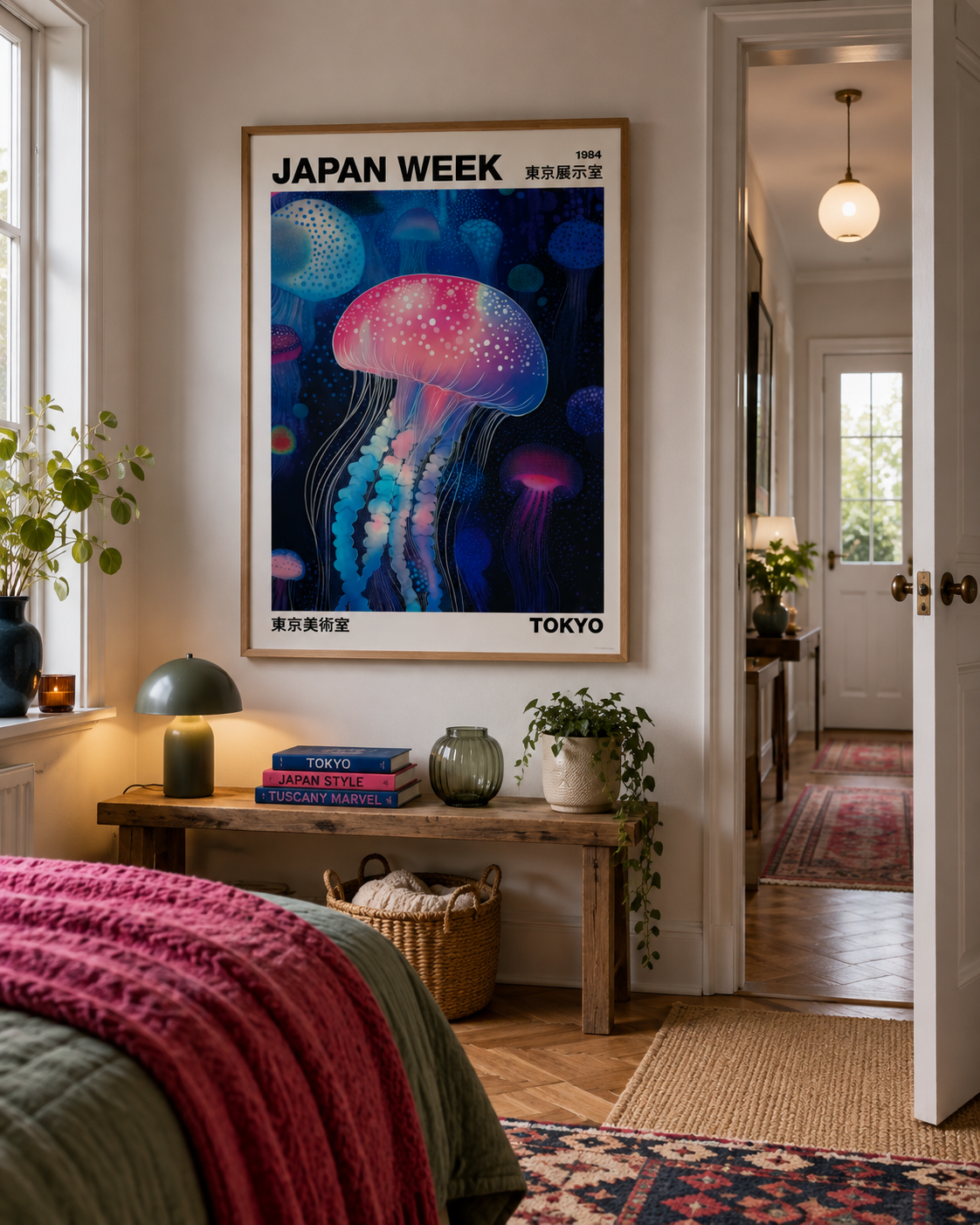 A framed art print featuring a colorful jellyfish under the text 'JAPAN WEEK 2026 TOKYO' displayed on a bedroom wall above a wooden console table.
