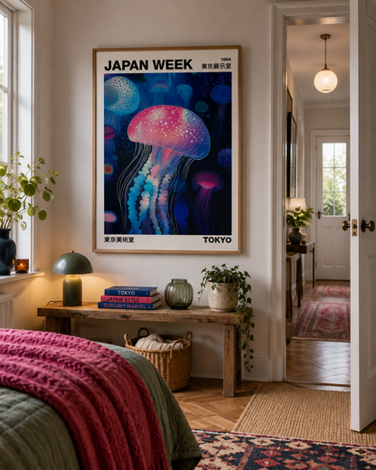 A framed art print featuring a colorful jellyfish under the text 'JAPAN WEEK 2026 TOKYO' displayed on a bedroom wall above a wooden console table.