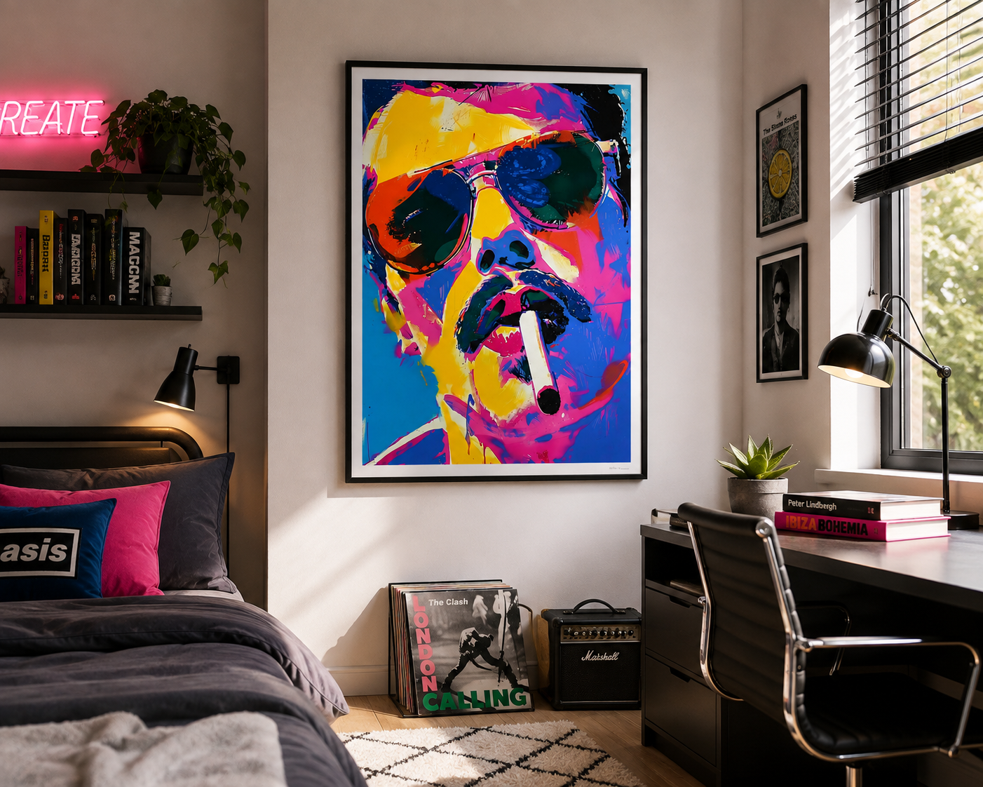 Colourful Freddie Mercury Queen wall art displayed in a modern bedroom and music inspired creative space