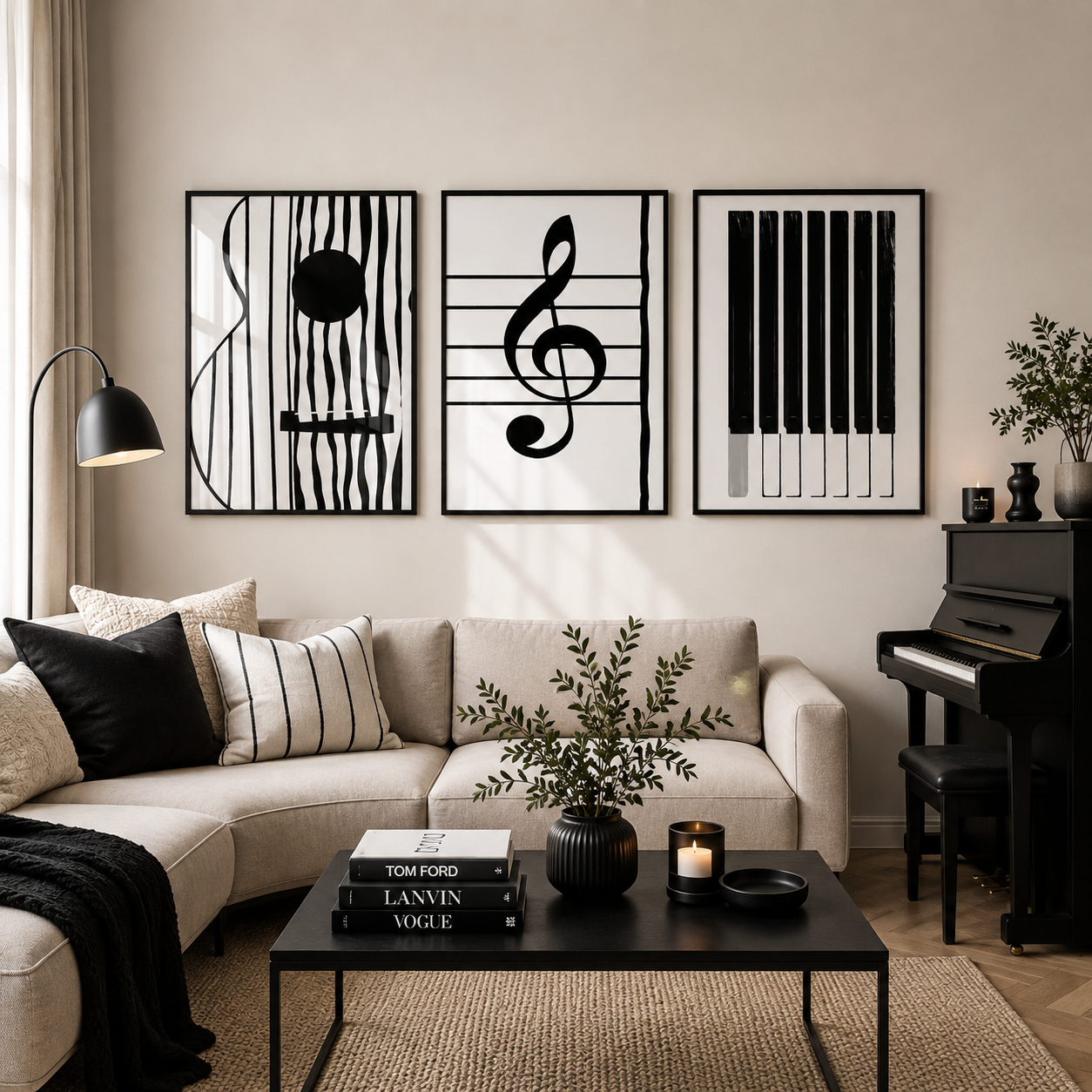 Three framed black and white minimalist music-themed wall art prints hang above a beige sectional sofa in a modern living room with a black coffee table, lamp, and piano.