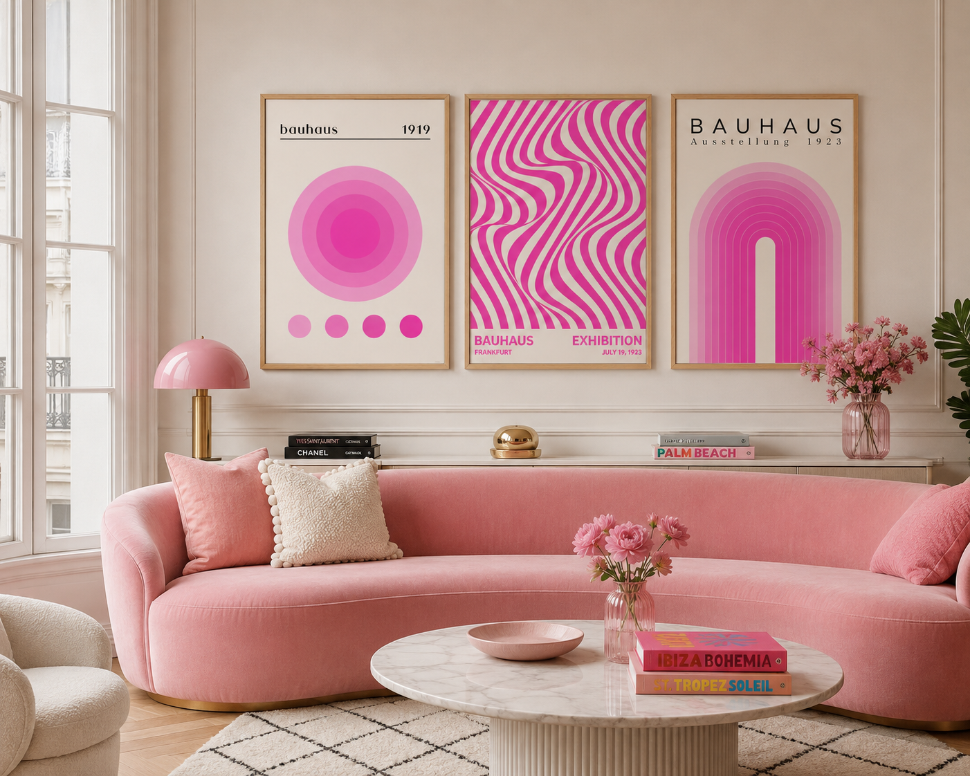 Three framed Bauhaus art prints in pink and white tones are displayed on a cream wall above a curved pink sofa in a bright, modern living room.