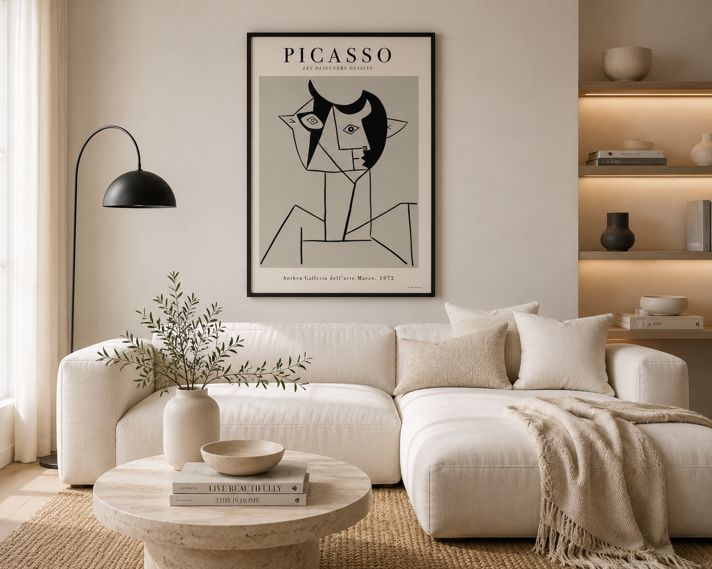 A framed Picasso art print hangs on a beige wall above a white sectional sofa in a modern, sunlit living room with a round coffee table, floor lamp, and built-in shelving.