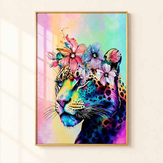 A framed colorful wall art print featuring a stylized leopard portrait with flowers on its head, hung on a light beige wall with soft window-shadow lighting.