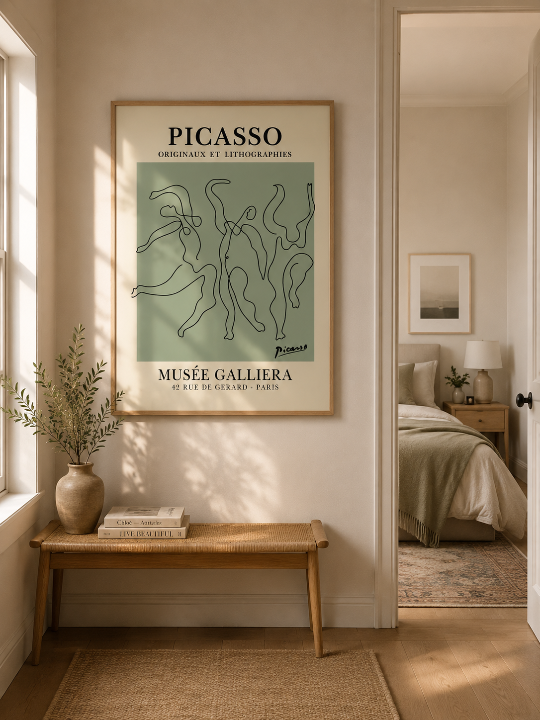 A framed Picasso art print hangs on a beige wall in a sunlit bedroom entryway, above a wooden bench with books and a vase. The poster features a muted green background with black line art and text reading 'PICASSO' and 'MUSÉE GALLIERA'.