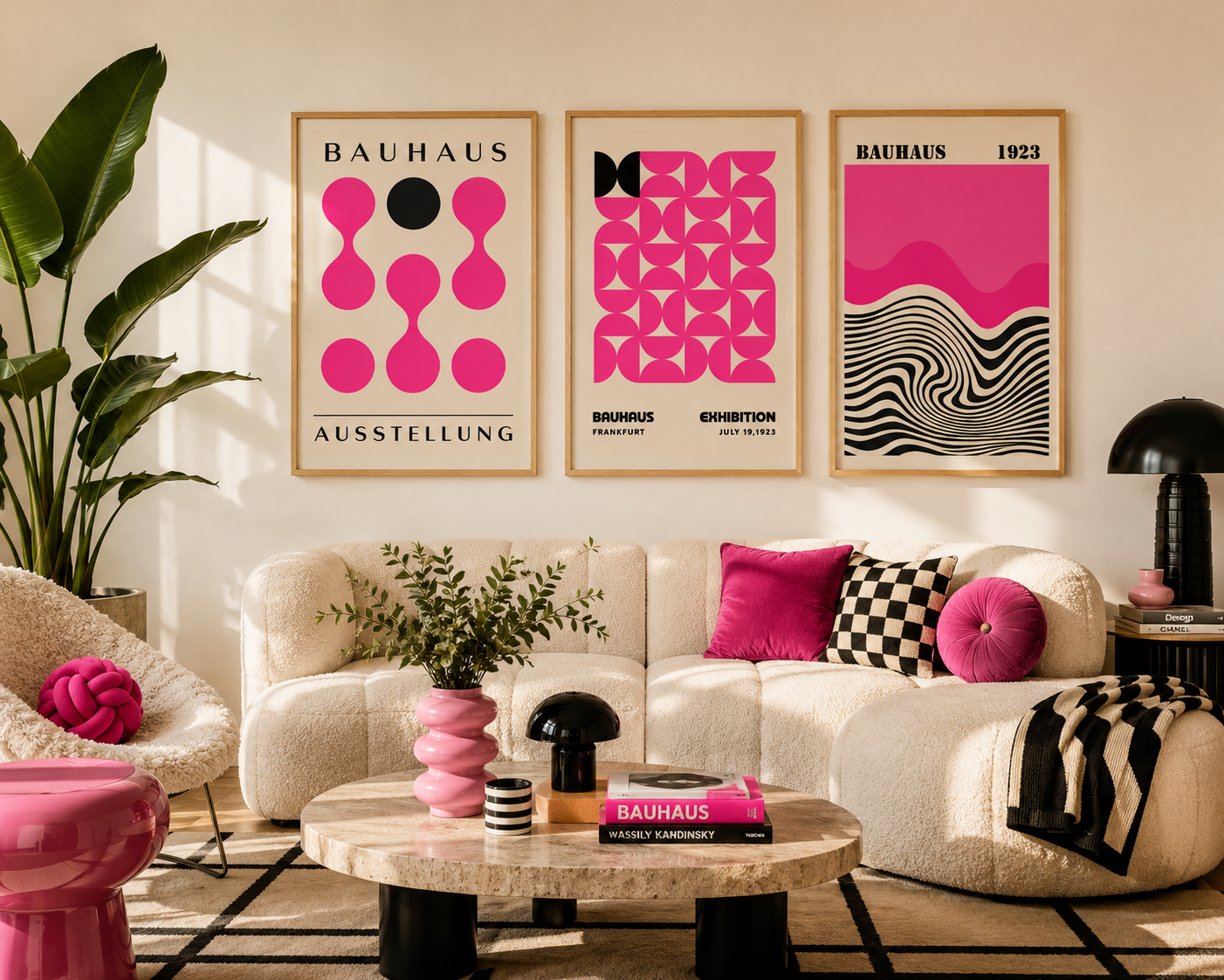 Three framed Bauhaus-style art prints in pink, black, and beige hang above a cream bouclé sofa in a styled living room. The prints feature abstract geometric and wavy line designs with text including 'BAUHAUS', '1923', and 'EXHIBITION'.