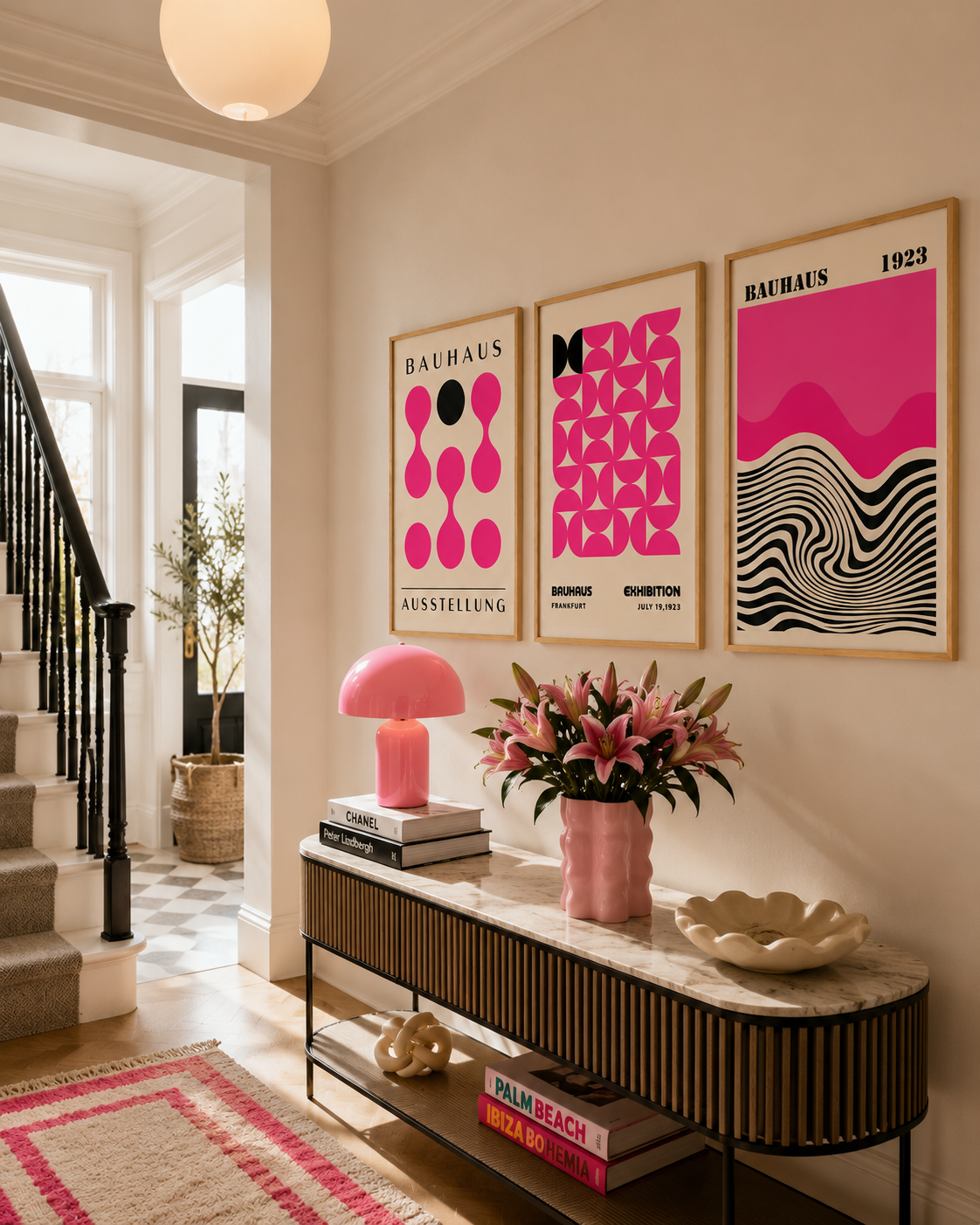 Three framed Bauhaus-style art prints in pink, black, and white hang on a beige wall above a console table in a styled interior hallway. The scene includes a pink mushroom lamp, pink flowers, books, and a staircase on the left.