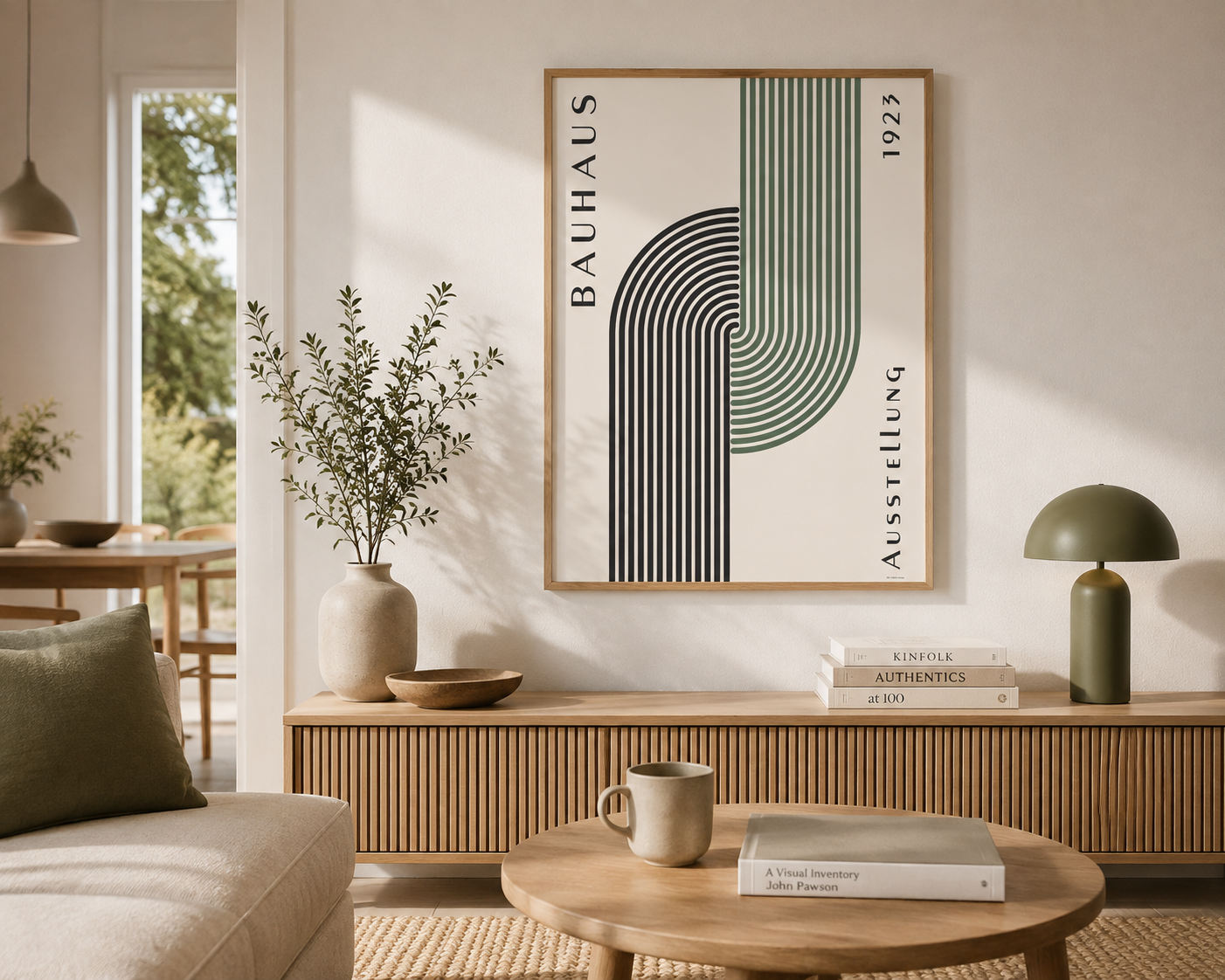 A framed Bauhaus 1929 architectural art print hangs on a warm beige wall in a modern, sunlit living room. The print features a minimalist green and black curved geometric design on a white background with the text 'BAUHAUS', '1929', and 'Ausstellung'.