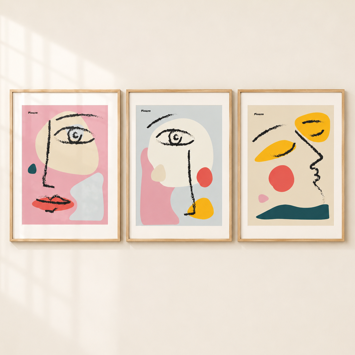 Three framed abstract face art prints in a row on a light beige wall, each with a different minimalist eye illustration in pink, cream, blue, yellow, red, and teal tones.