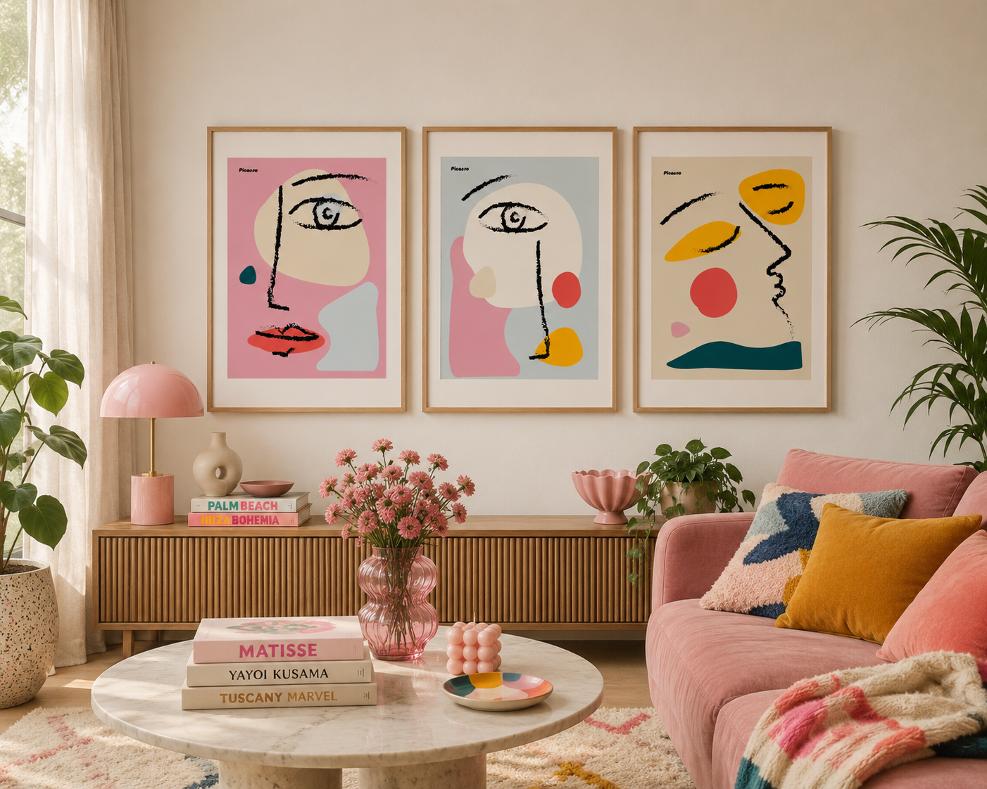 Three framed abstract face art prints in pink, blue, and beige tones hang on a beige wall in a styled living room with a pink sofa, plants, and a round coffee table.