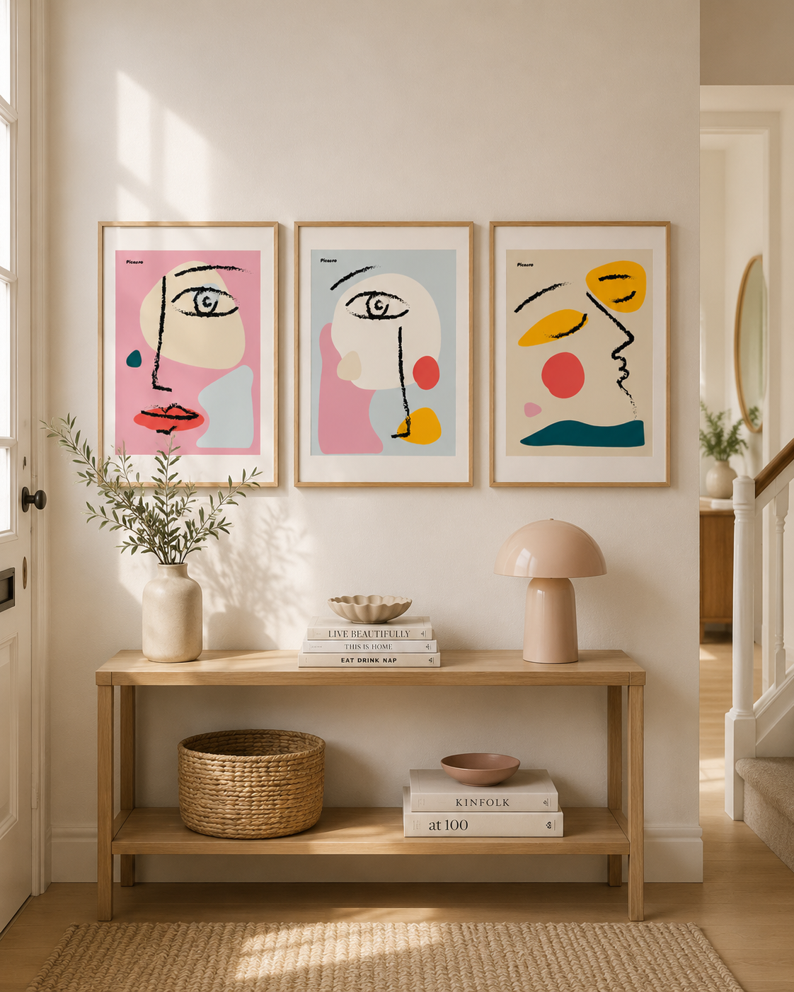 Three framed abstract face art prints in pink, blue, yellow, and teal hang on a beige wall above a light wood console table with books, a lamp, and a basket.