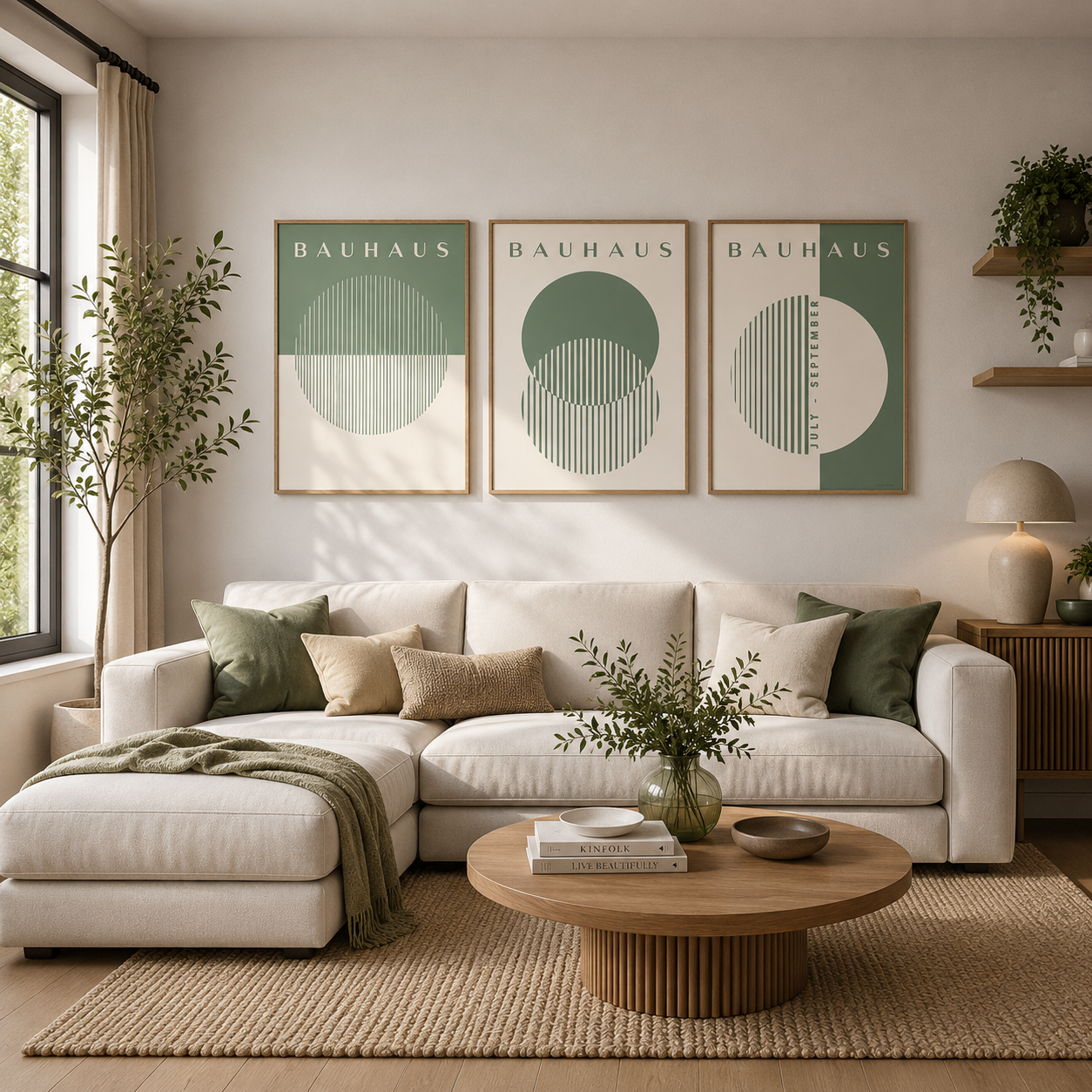 Three sage green Bauhaus geometric prints displayed together as a minimalist Scandinavian gallery wall.