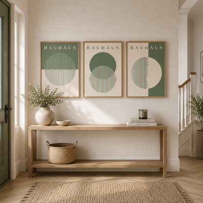Three framed Bauhaus-style geometric wall art prints in sage green and cream hang above a light wood console table in a bright, modern entryway with a woven basket and plants.