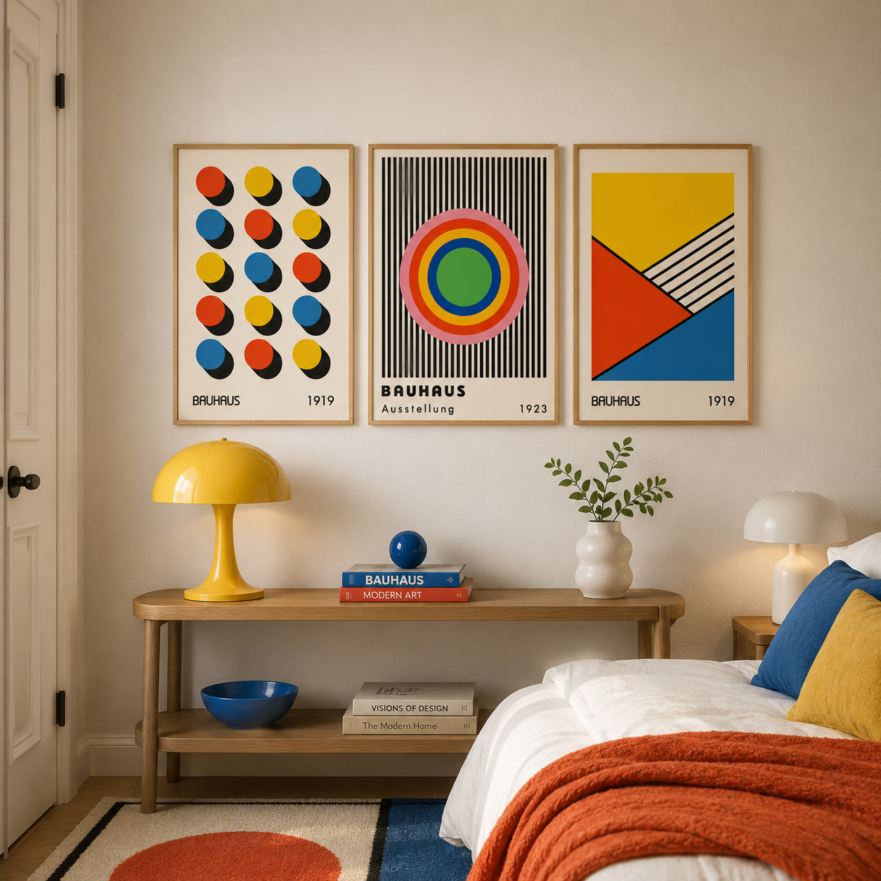 Three framed Bauhaus-style art prints in a bedroom setting, displayed above a wooden console table with a yellow lamp and a bed with blue and yellow pillows.