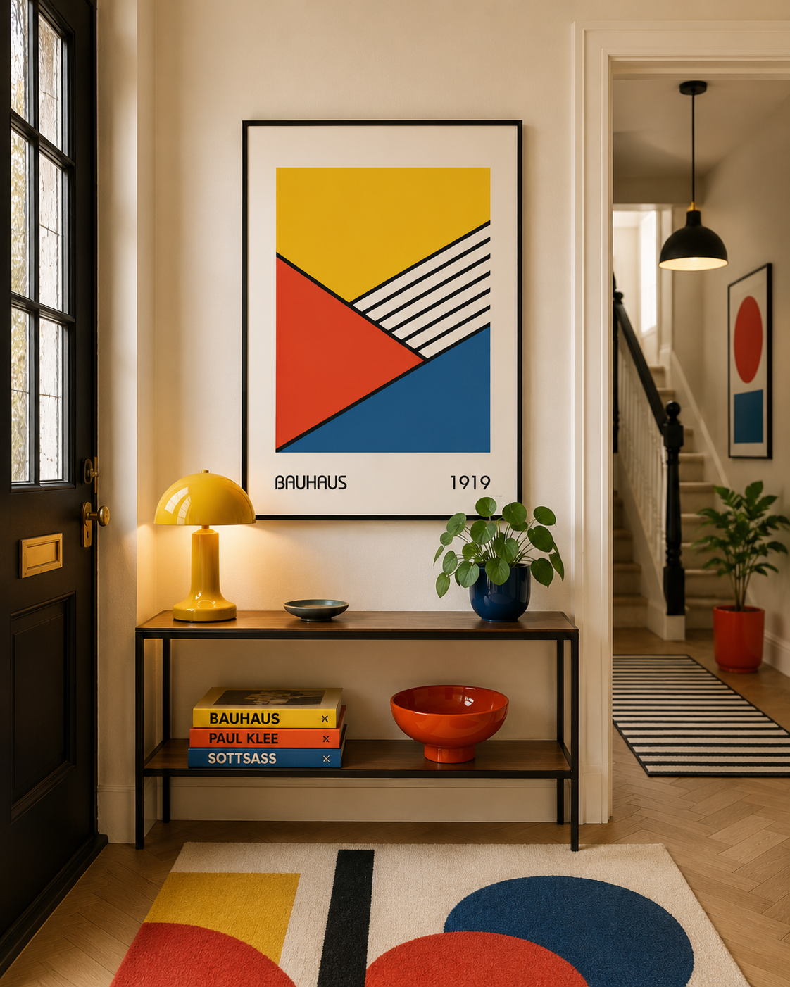 A framed art print featuring a bold, colorful geometric design inspired by Piet Mondrian and Piet Mondrian's father, Auguste Bruchaus, hanging on a beige wall in a modern hallway. The hallway includes a black console table with a yellow lamp, books, and a plant, and a staircase in the background.