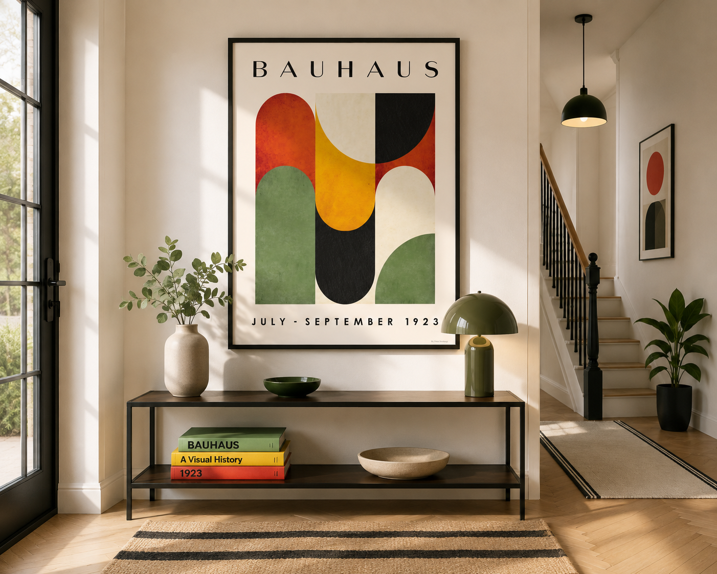 A framed Bauhaus art print with abstract geometric shapes hangs on a wall in a modern, sunlit entryway above a black console table with decorative objects.