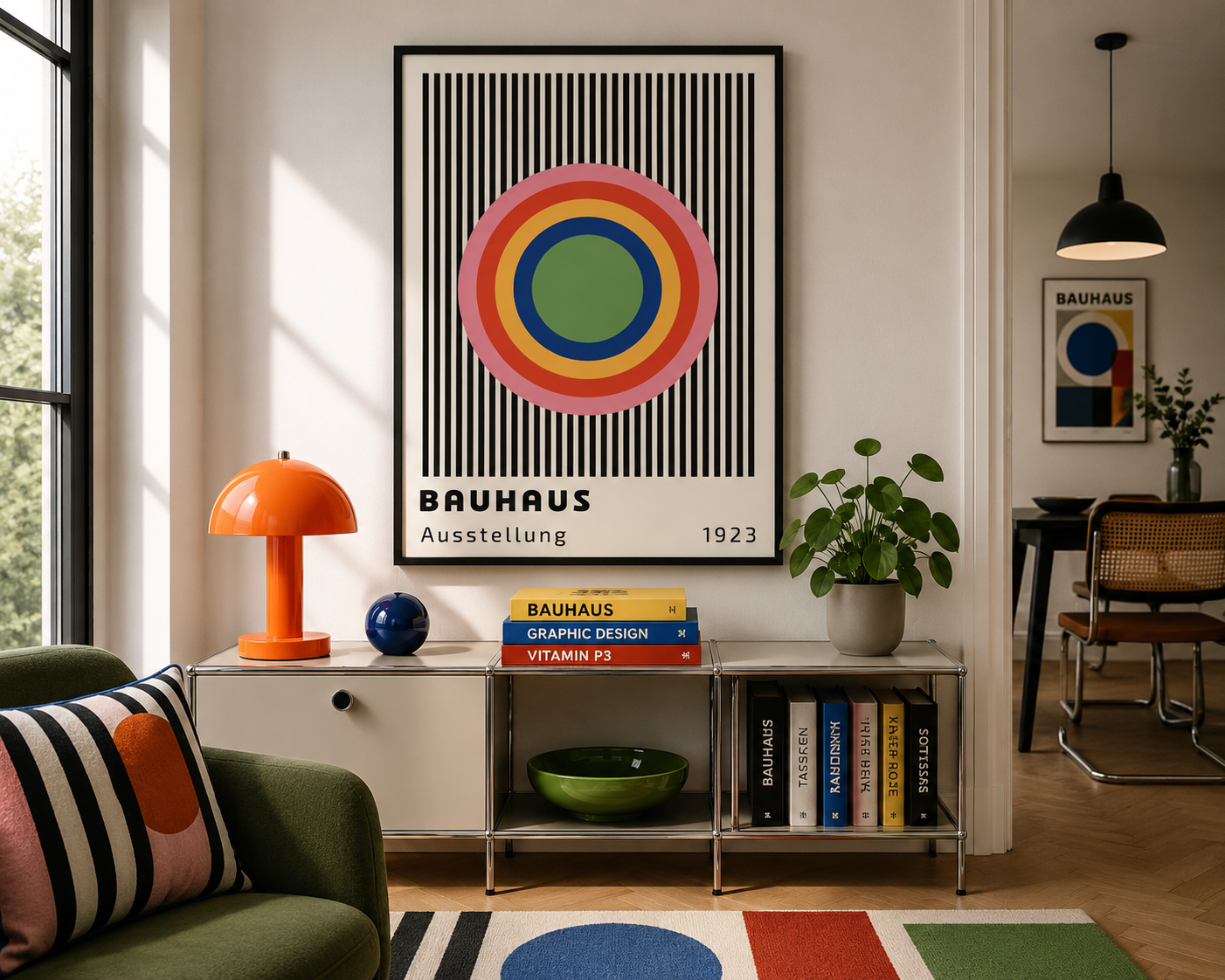 A framed Bauhaus-style art print with concentric circles hangs on a wall above a console table in a modern living room. The print features black vertical stripes, a red, orange, yellow, green, and blue circular motif, and the text 'BAUHAUS Ausstellung 1923'.