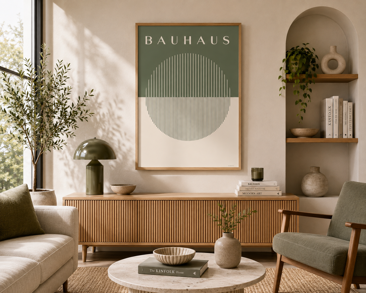A framed Bauhaus-style art print hangs on a beige wall in a styled living room. The print features a muted green upper section with the word 'BAUHAUS' and a circular geometric design, with a cream lower section.