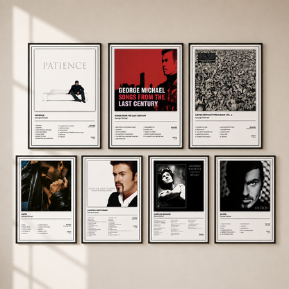 Seven framed music posters arranged in two rows on a beige wall, featuring covers and track listings for George Michael albums with a soft window-shadow overlay.