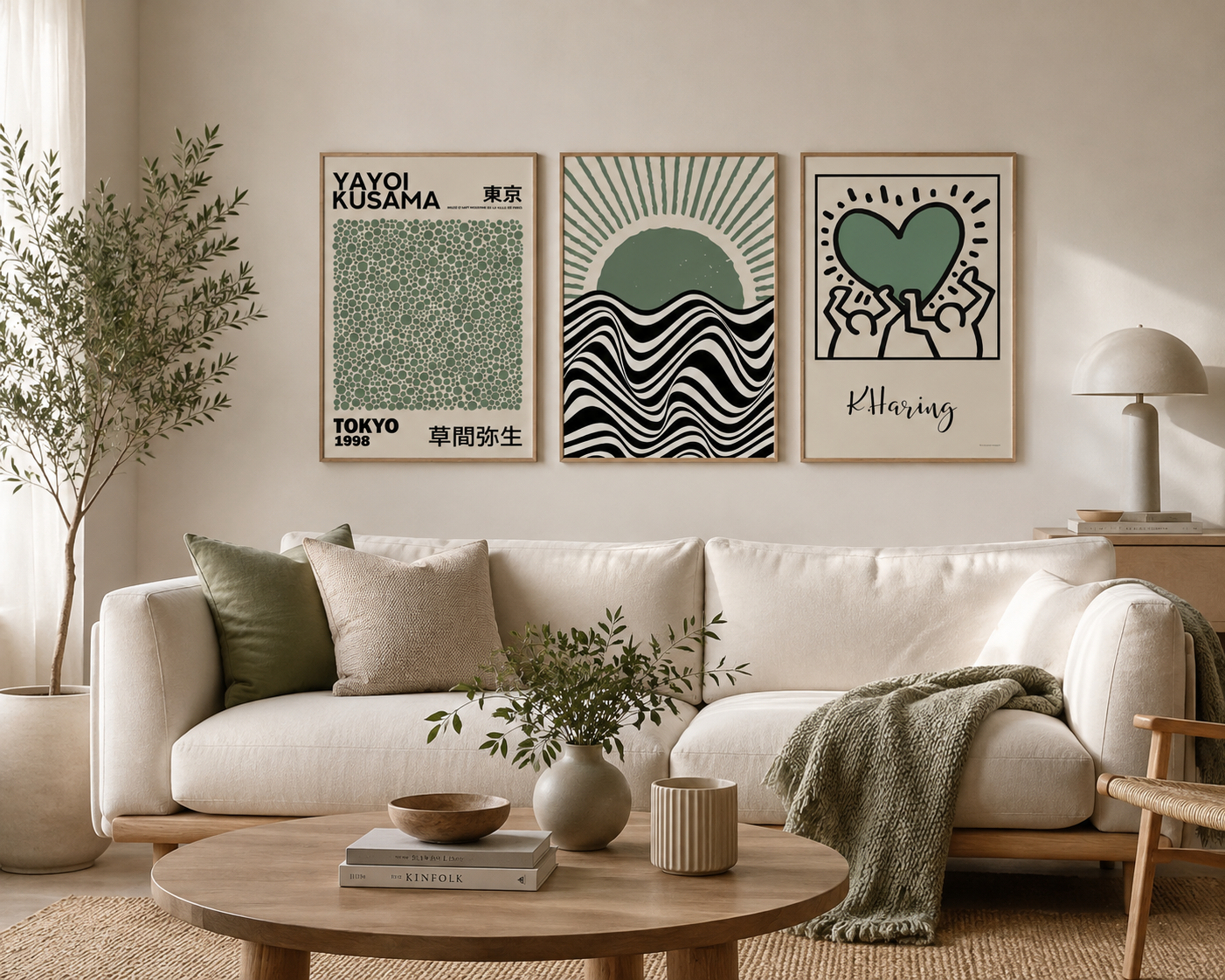 Sage green Kusama Bauhaus and Keith Haring gallery wall prints in light oak frames