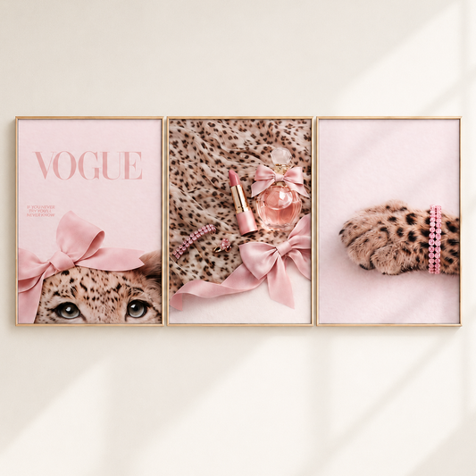 A three-panel framed wall art set with a pink and leopard-print aesthetic. The left panel shows a leopard face with a pink bow and the word 'VOGUE' in pink.