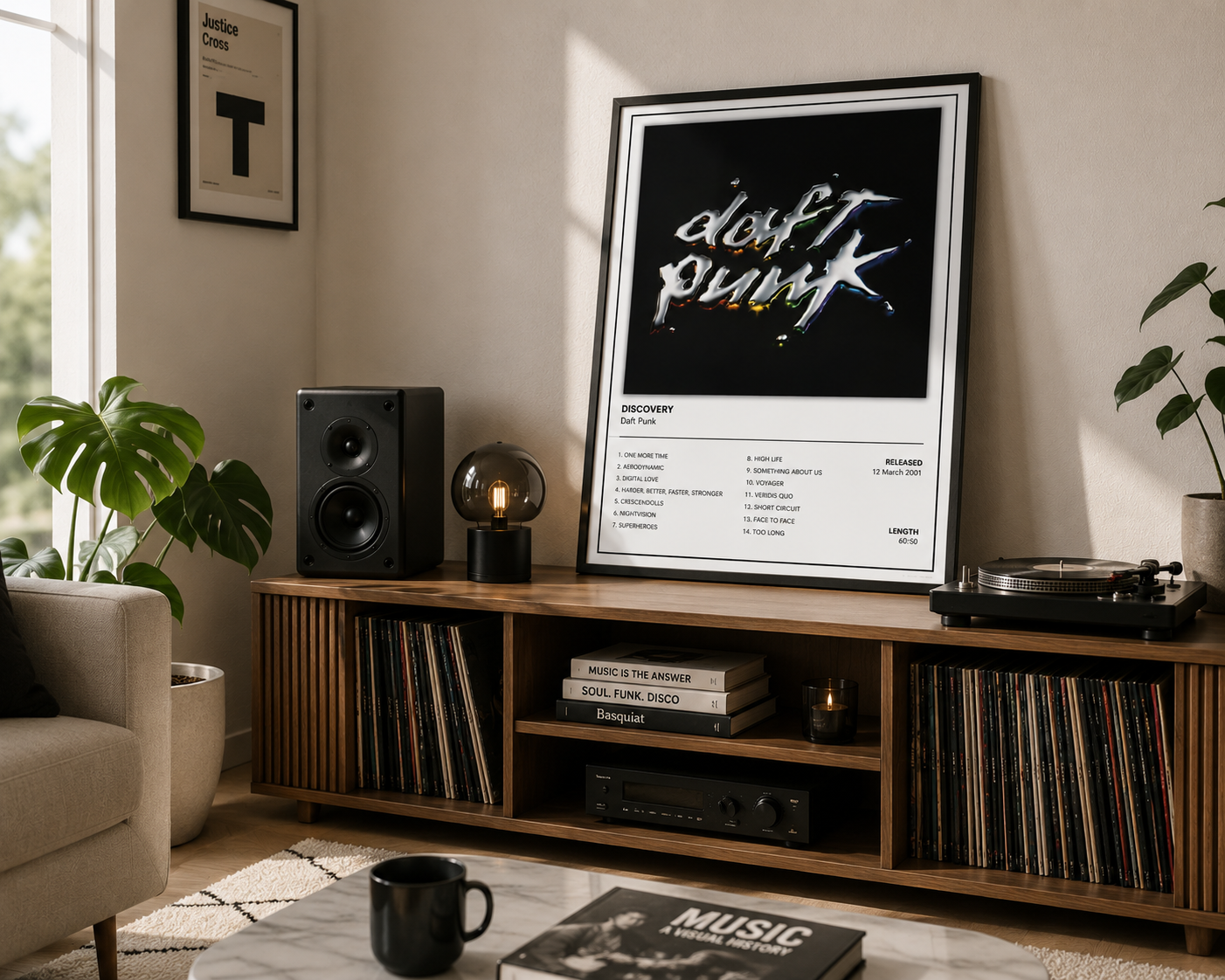 A framed music poster with a black background and stylized white and gold text hangs on a beige wall above a wooden media console in a styled living room. The room includes a speaker, lamp, vinyl records, plants, and a turntable.