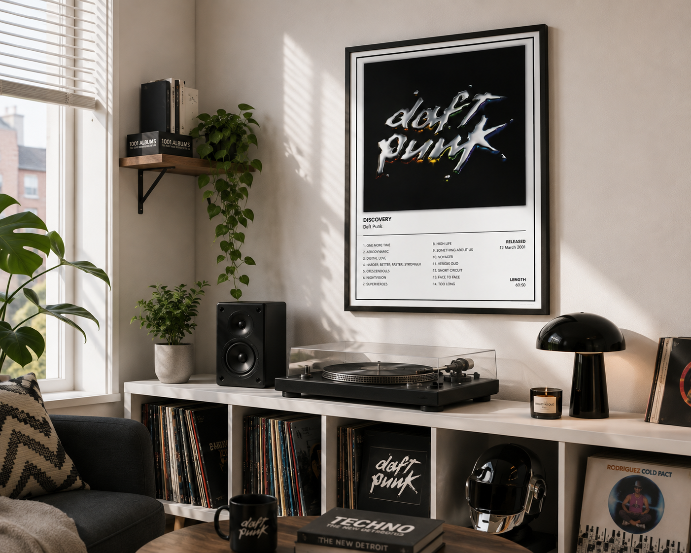 A framed Daft Punk poster hangs on a wall above a shelf with a turntable, speakers, records, plants, and decor in a styled home interior.