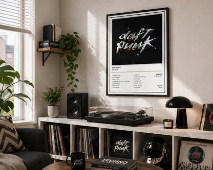 A framed Daft Punk poster hangs on a wall above a shelf with a turntable, speakers, records, plants, and decor in a styled home interior.