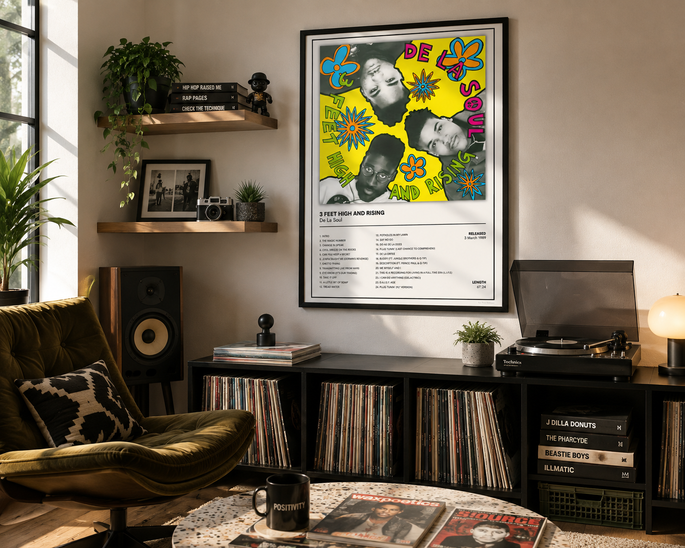 A framed 'De La Soul' music poster hangs on a wall in a styled living room with a green armchair, record shelves, a turntable, and plants.
