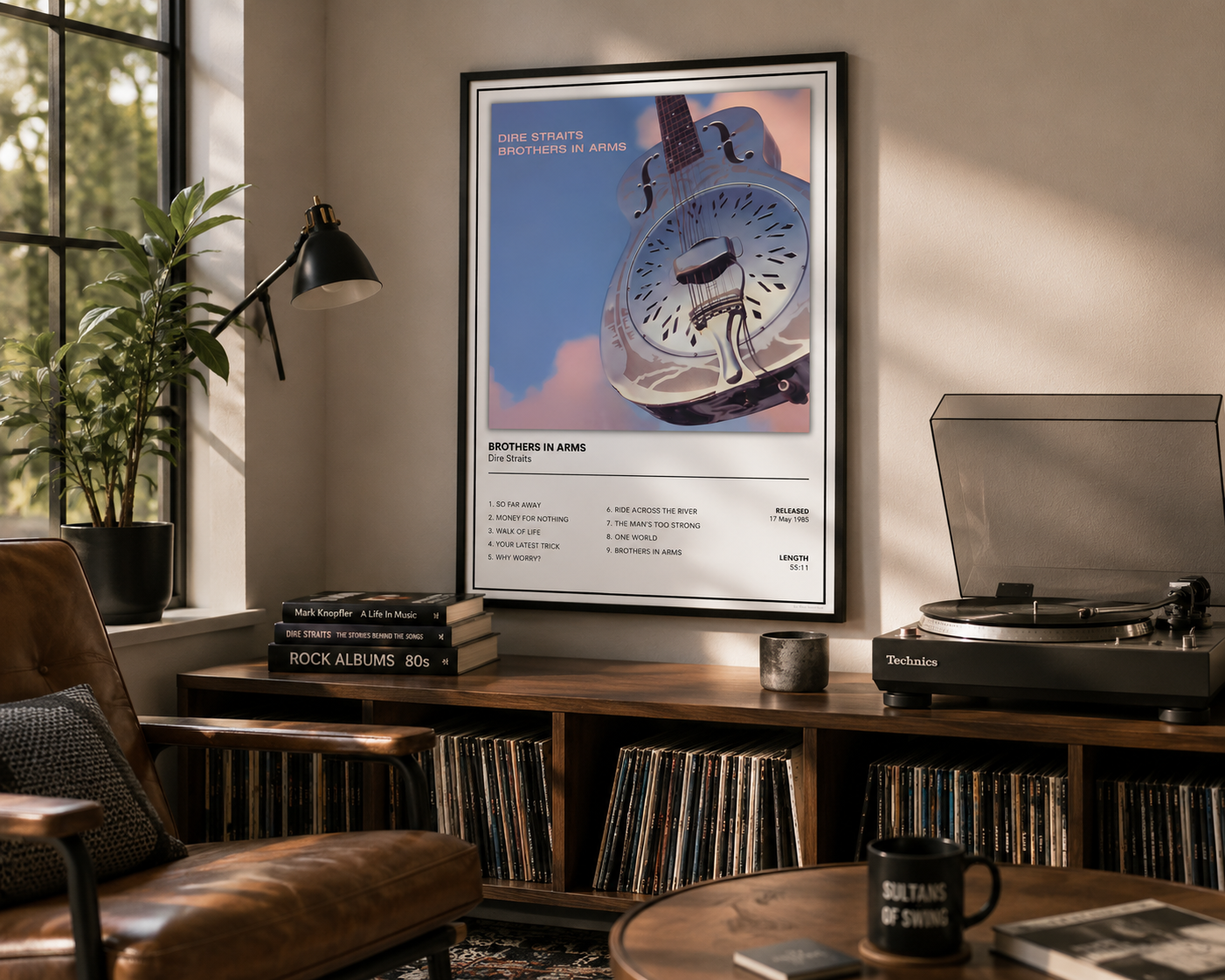 A framed music poster for 'Dire Straights' album 'Brothers in Arms' hangs on a wall in a cozy, sunlit room with a wooden record shelf, vinyl records, a brown leather chair, and a turntable.