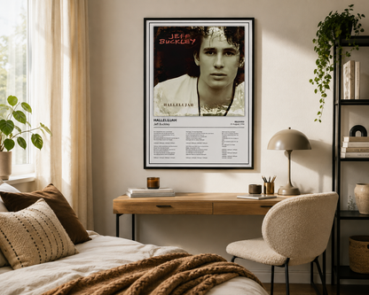 A framed Jeff Buckley 'Mellow Blue' poster hangs on a beige wall in a styled bedroom setting with a wooden desk, chair, lamp, and bed.