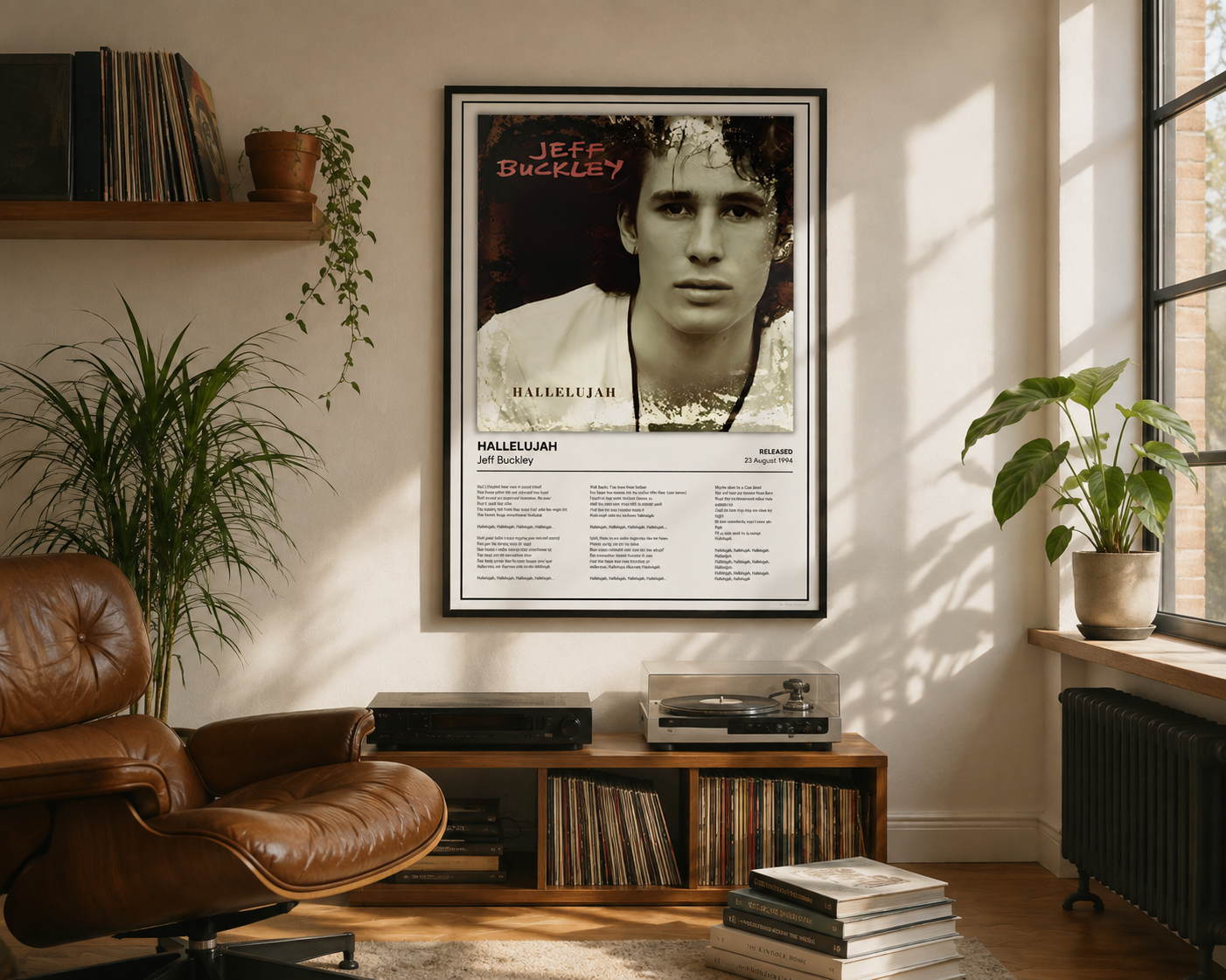 A framed Jeff Buckley 'Hallelujah' poster hanging on a wall in a styled room with a brown leather chair, plants, and a record player.
