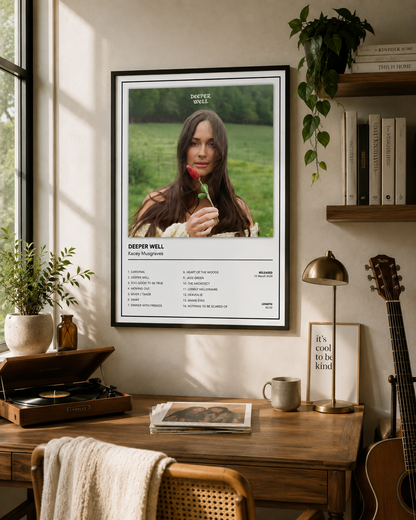 A framed music poster for Kacey Musgraves – Deeper Well hangs on a wall in a styled home office setting with a desk, plants, and a guitar.