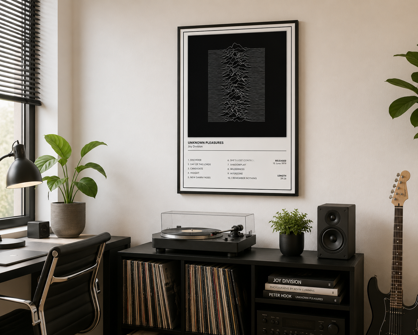 A framed black and white art print of Joy Division's 'Unknown Pleasures' hanging on a beige wall in a modern, styled music room with a turntable, speakers, and plants.