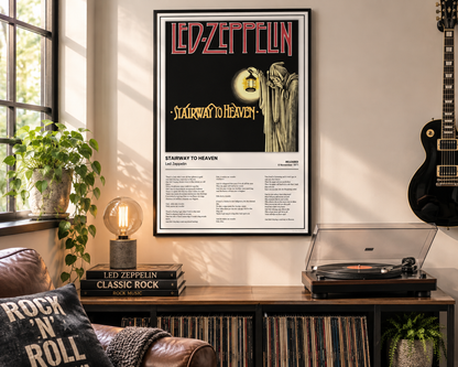 A framed Led Zeppelin 'Stairway to Heaven' poster hangs on a beige wall in a styled room with a record player, guitar, plants, and a leather chair.