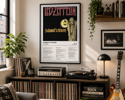 A framed Led Zeppelin 'Stairway to Heaven' poster hangs on a wall in a styled music room above a record cabinet with a turntable, records, plants, and a guitar.