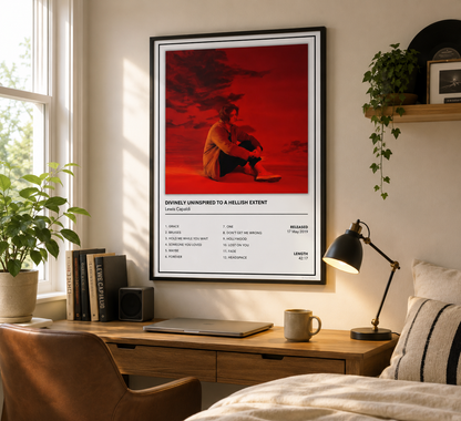 A framed vertical poster featuring a red-toned portrait of a seated person and song lyrics beneath it, displayed on a wall above a wooden desk in a styled bedroom or study setting with plants, a lamp, books, and bedding.