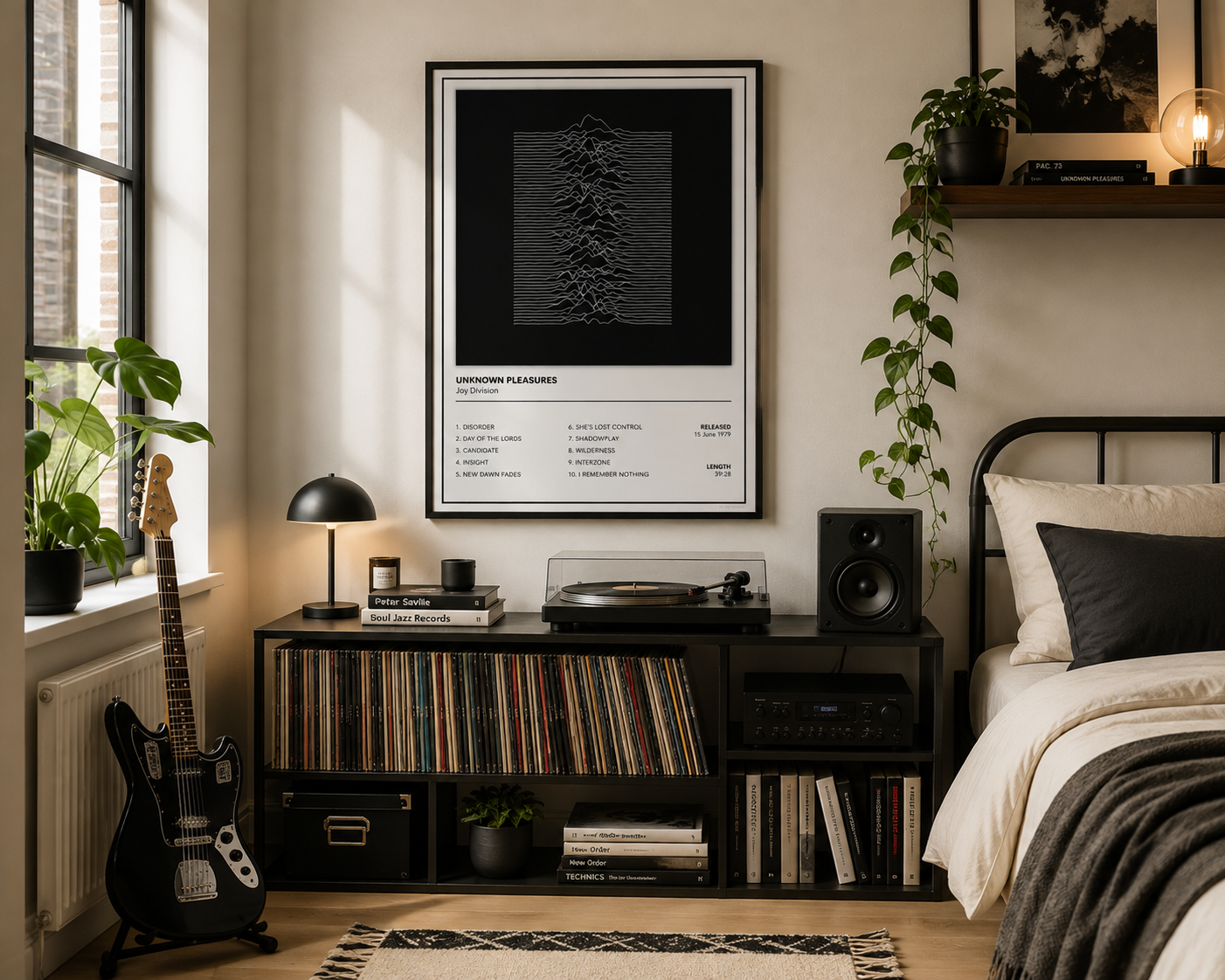 A framed black-and-white music poster hangs on a beige wall above a black record cabinet in a styled bedroom. The room includes a bed, speaker, lamp, plants, guitar, and shelving.