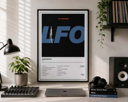 A framed music poster for LFO Frequencies UTO hangs on a wall in a styled home office setup with a desk lamp, laptop, headphones, and plants.