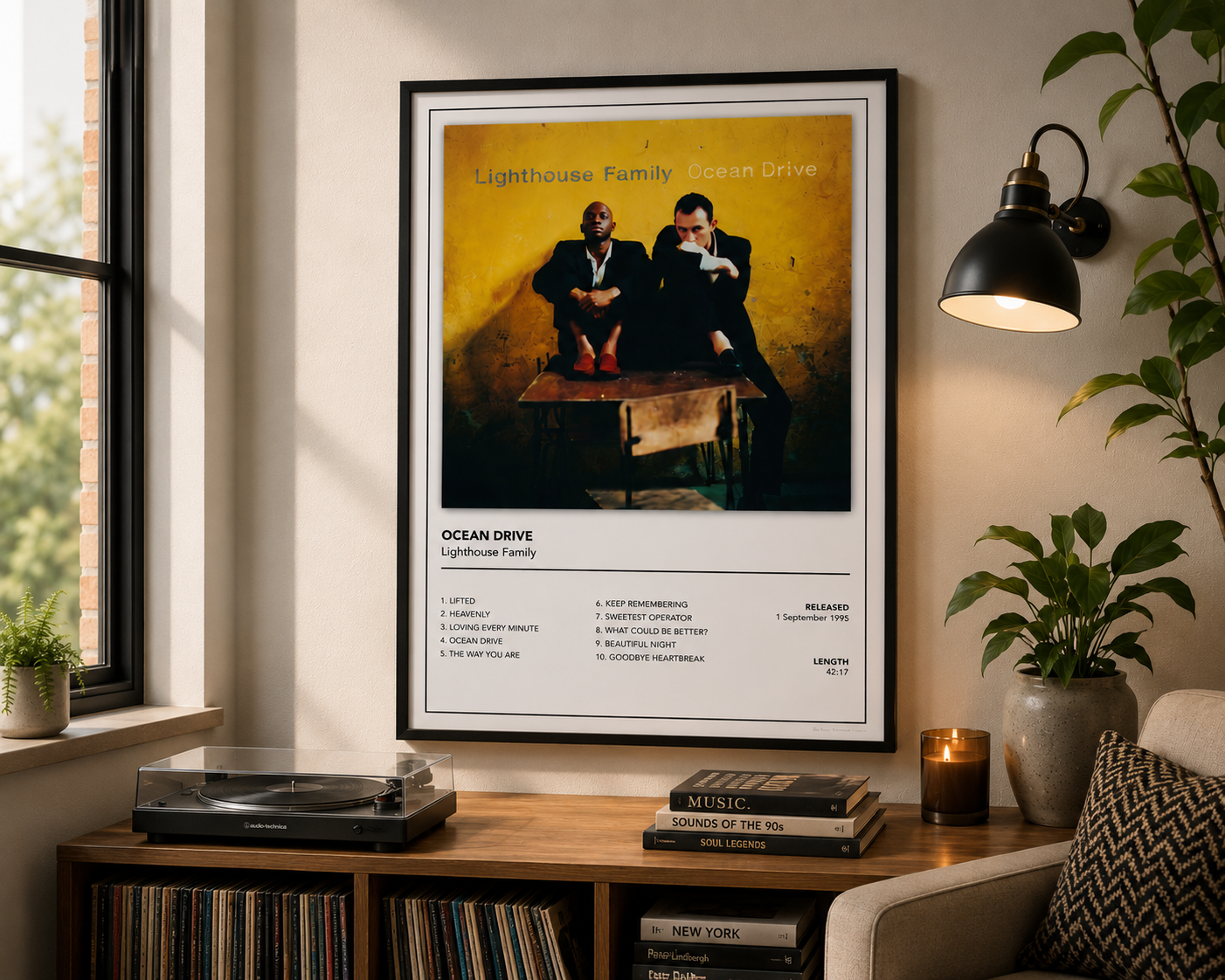 A framed Ocean Drive Lighthouse Family poster hanging on a beige wall in a cozy living room setting with a lamp, plants, and a record player.