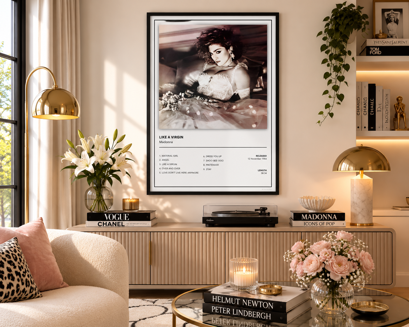 A framed art print featuring Madonna styled in a modern, warm-toned living room setting.