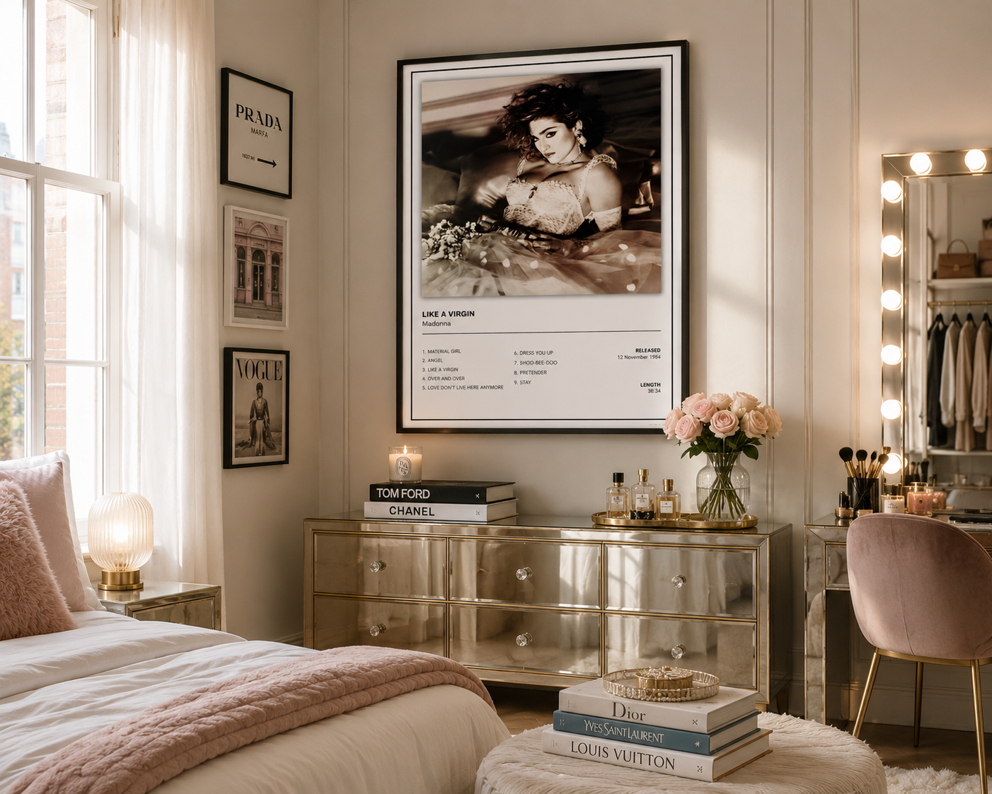 A framed fashion poster featuring a black-and-white portrait of Madonna with the text 'LIKE A VIRGIN' and a list of tracks, displayed on a wall in a styled bedroom setting.