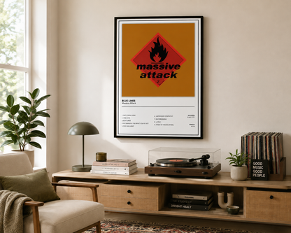 A framed music poster featuring the song 'Blue Lines' by Massive Attack, styled in a modern living room setting above a wooden console table with a turntable and plants.