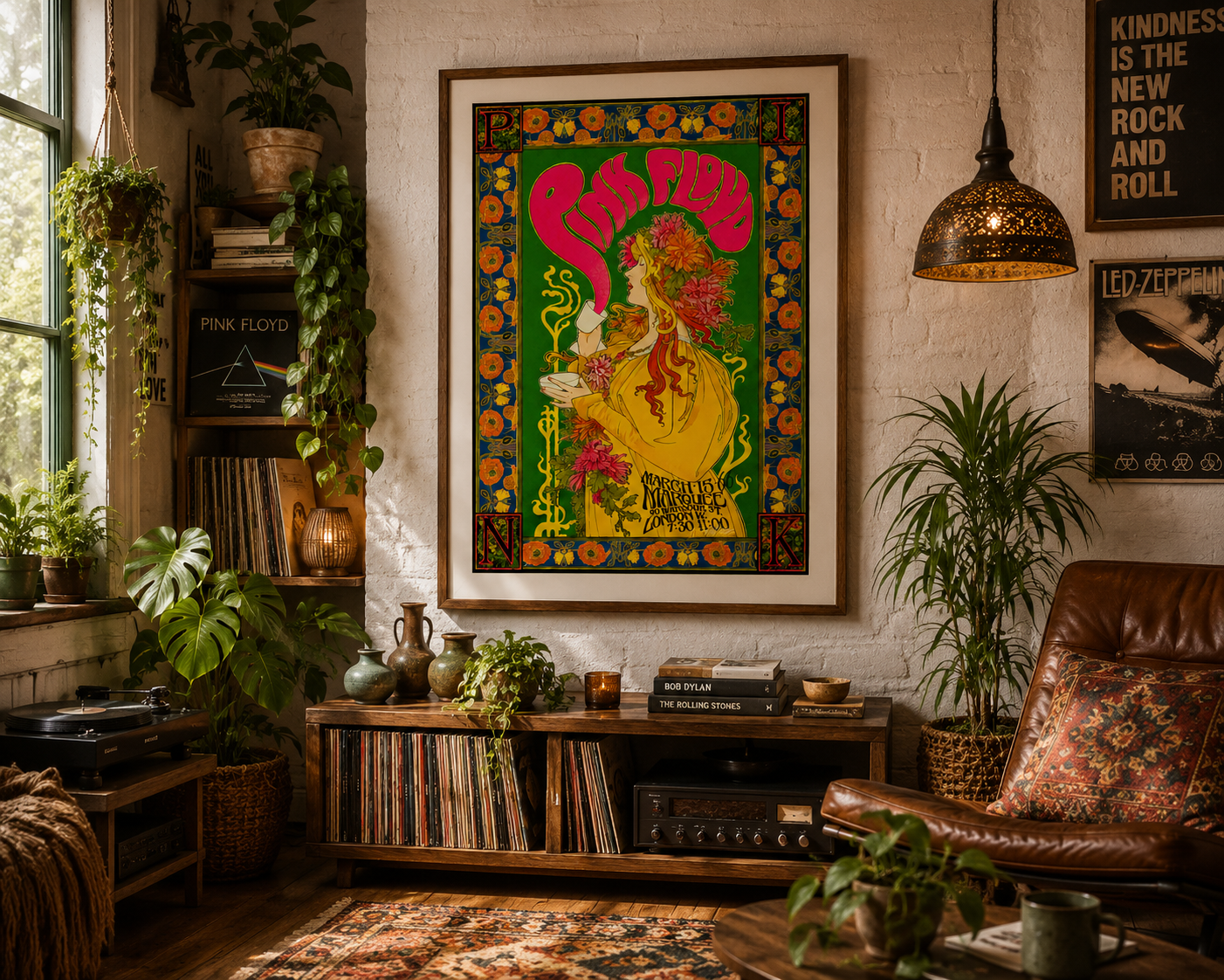 A framed psychedelic art print featuring Pink Floyd, Marquee 1960. hangs on a white brick wall in a cozy, plant-filled living room with a leather chair and record player.