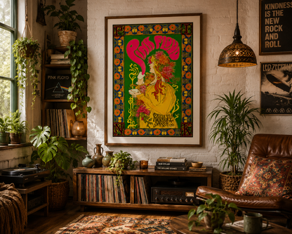 A framed psychedelic art print featuring Pink Floyd, Marquee 1960. hangs on a white brick wall in a cozy, plant-filled living room with a leather chair and record player.