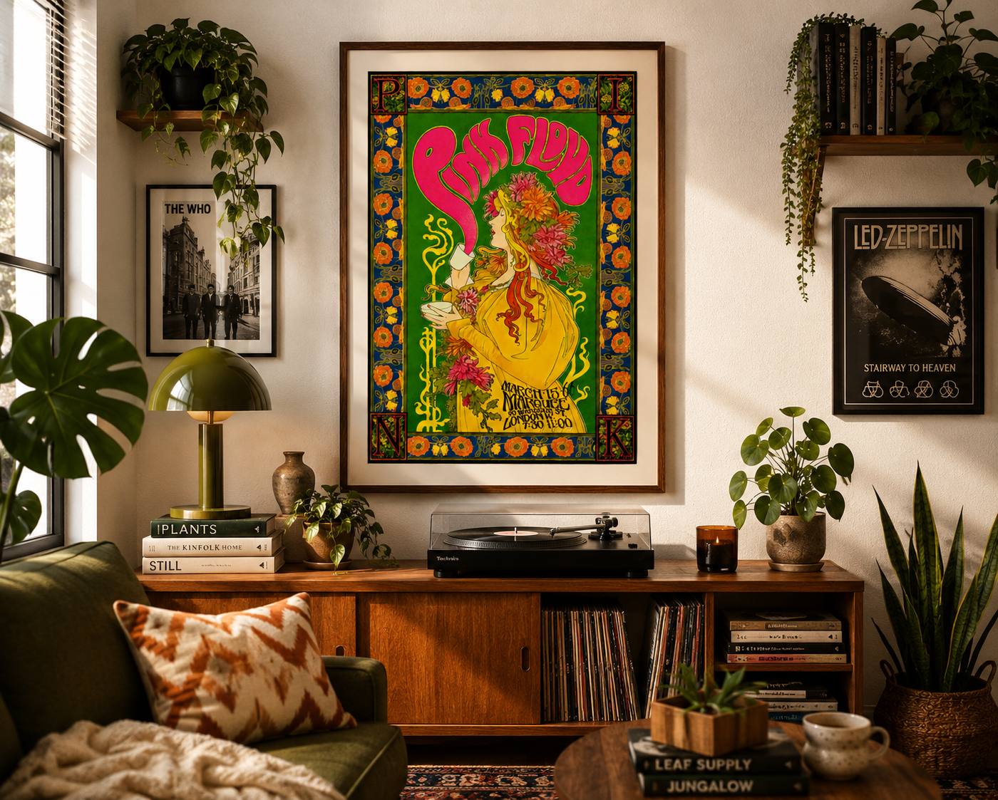 A framed psychedelic art print of Pink Floyd, Marquee 1960 featuring a stylized woman in a yellow dress with pink hair on a green background, hanging on a beige wall in a cozy, plant-filled living room.