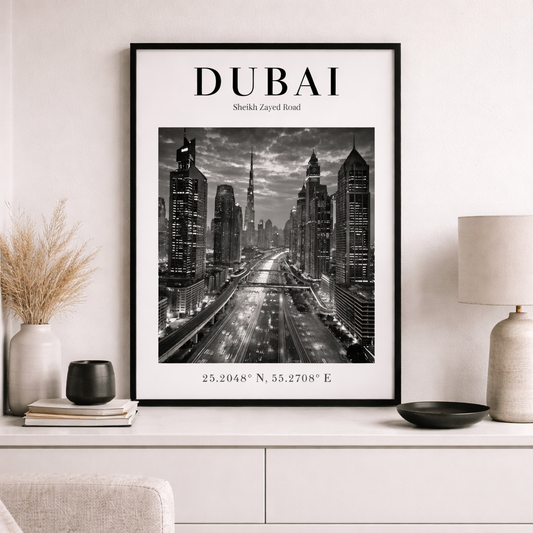 Dubai Sheikh Zayed Road Skyline Monochrome Poster