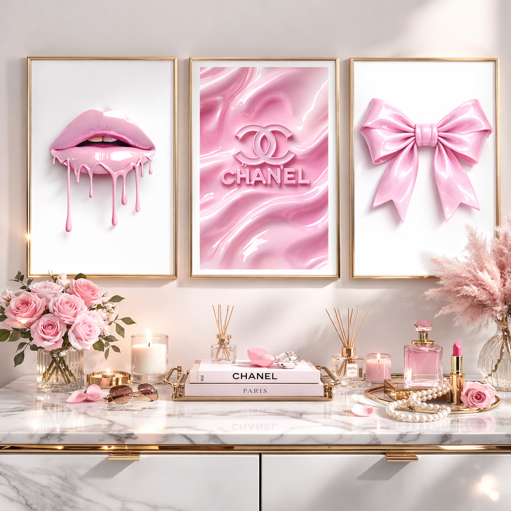 Set of 3 Pink Bows Lips Chanel Print